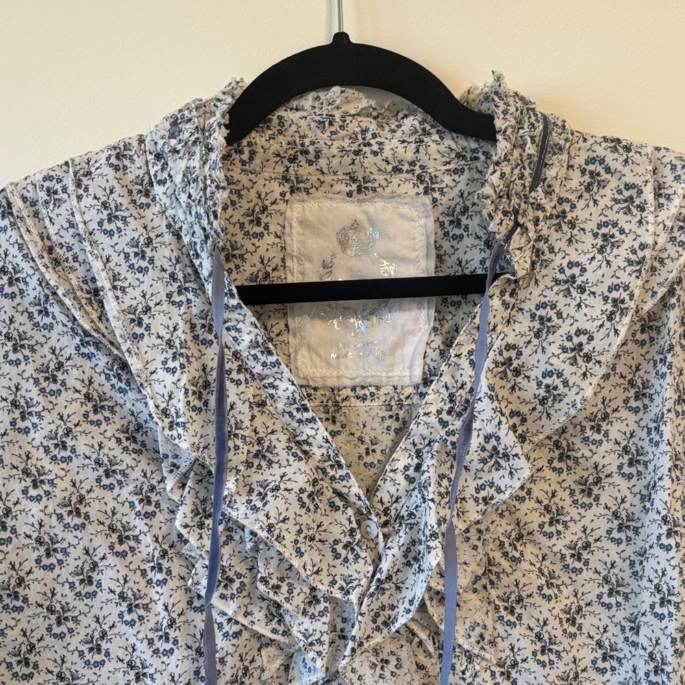 NWOT Sundance Cino Floral Blue Cottage Core Blouse with Ruffle Detail